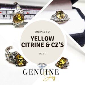 EMERALD CUT YELLOW CITRINE AND CZ RING